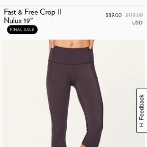 Size 10 NWOT lulu lemon Fast & Free Crop 2